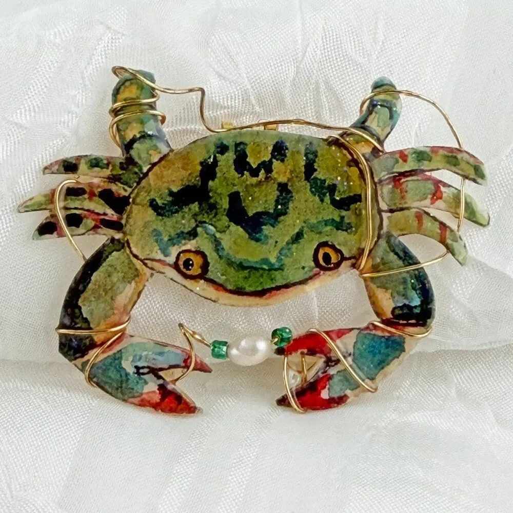 Artisan Hand-Painted Blue Crab Brooch Pendant with Pearl & Wire Wrap Accent
